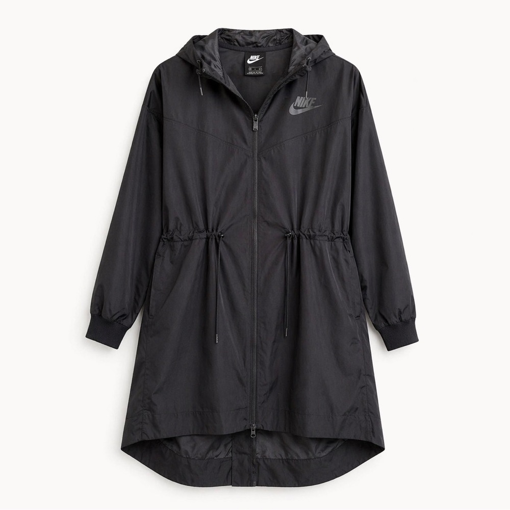 Nike Shield Long Black Windrunner Jacket Tench Coat Hooded Windbreaker Medium